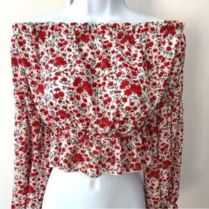 Fashion Nova Blouse XL Cropped Floral Puff Long Sleeve Boho Cottagecore Festival